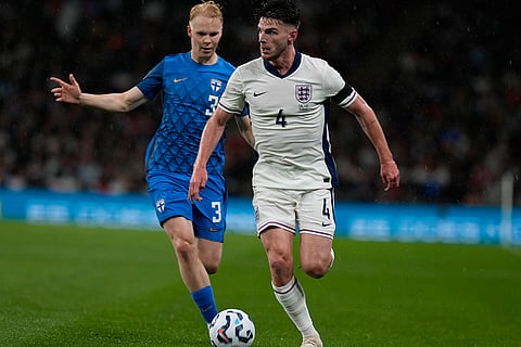 UEFA Nations League, England vs Finland: England's Declan Rice, right, is challenged by Finland's Matti Peltola
